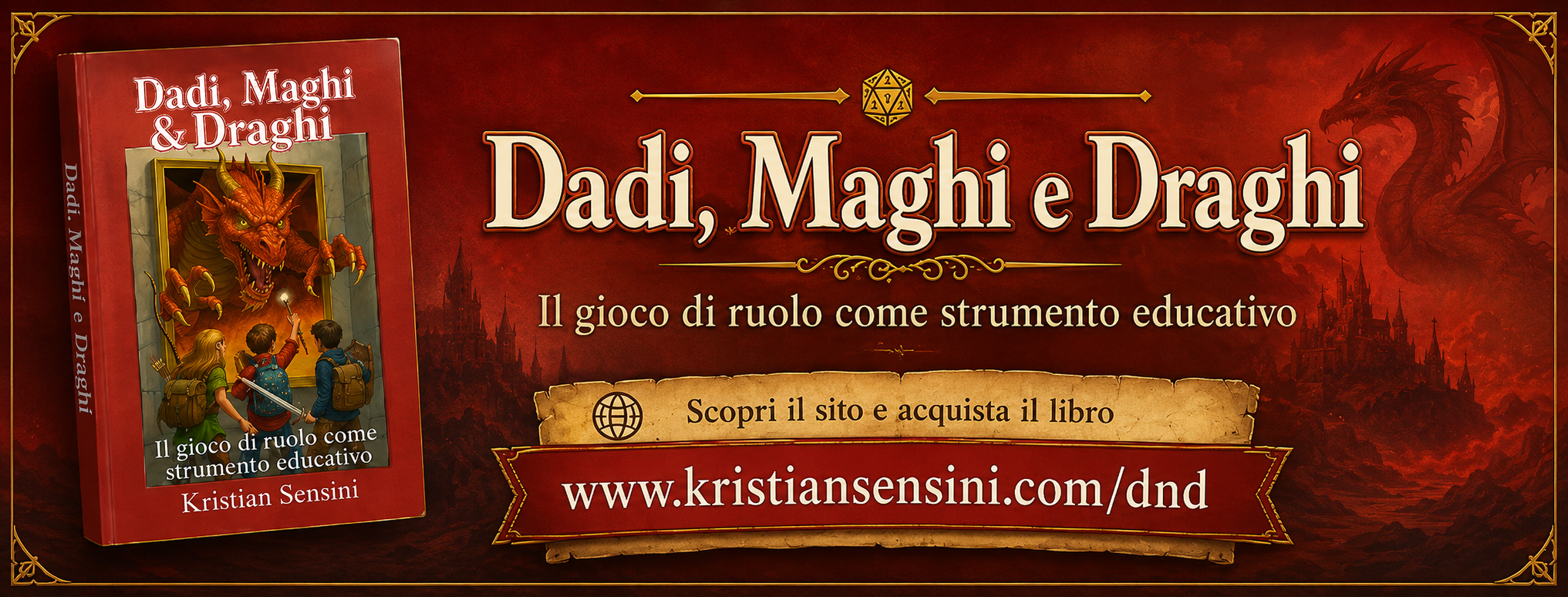 Banner promozionale di Dadi, Maghi e Draghi con copertina del libro e indirizzo del sito
